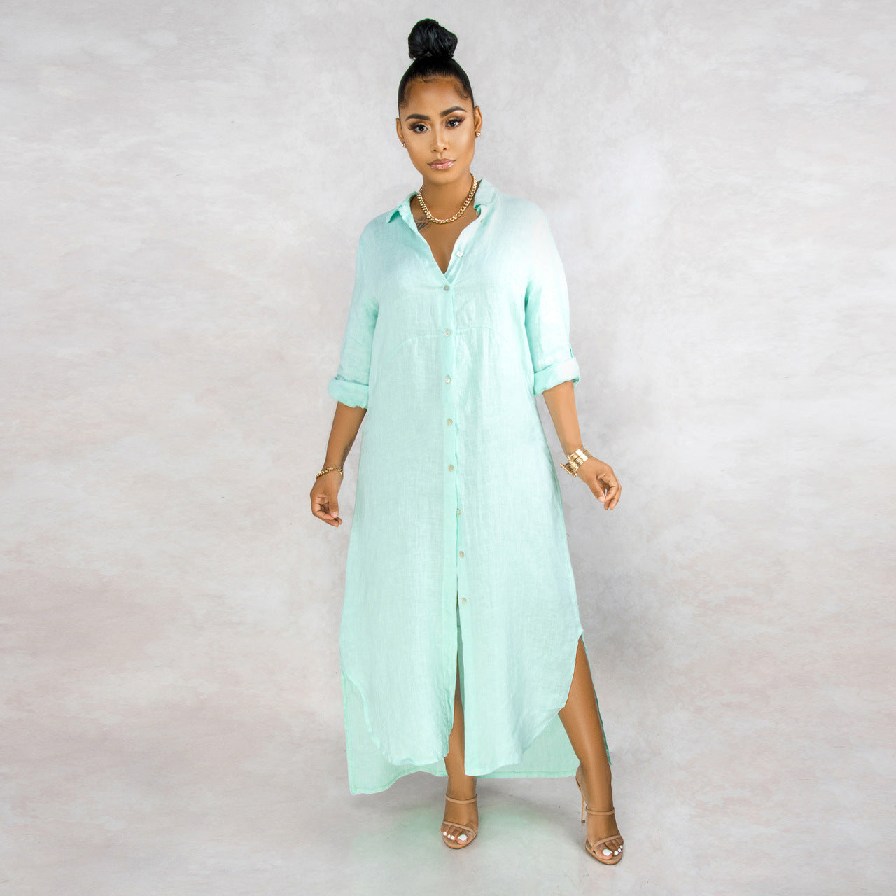 Button Down Collared Roll Tab Sleeve Box Pleat Back Oversized Maxi Shirt Dress