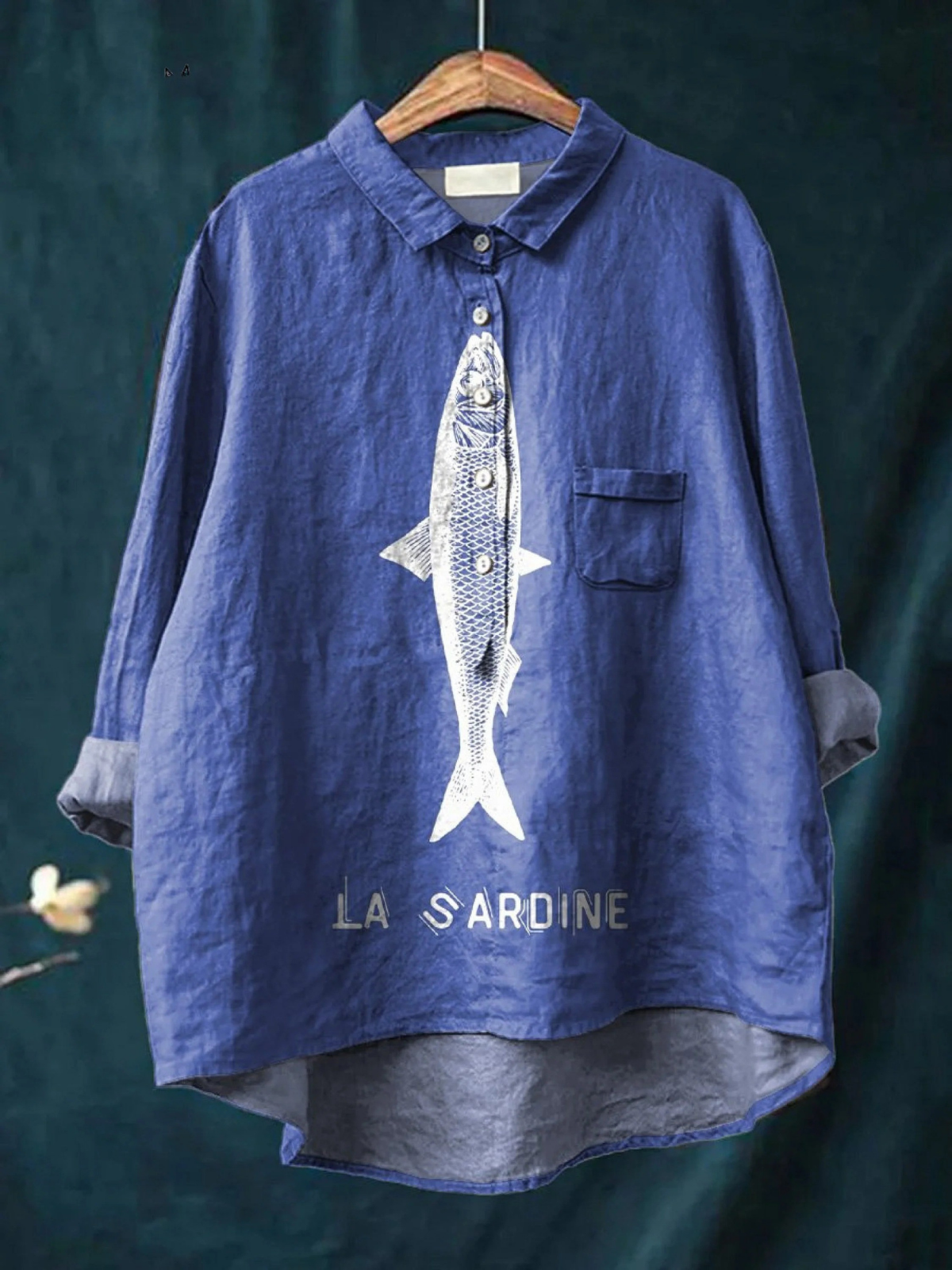 Sardine Fish Print Long Sleeve Button Front Shirt