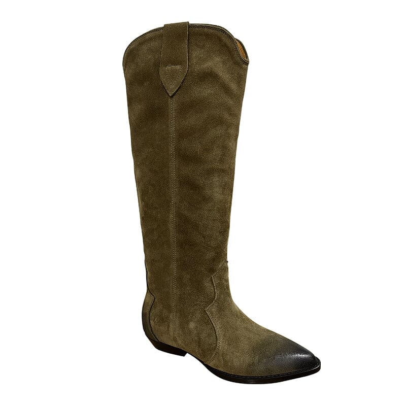 Womens Western Suede Knee High Boots Block Heel - Khaki/Black Cowgirl Boots All Genuine Leather