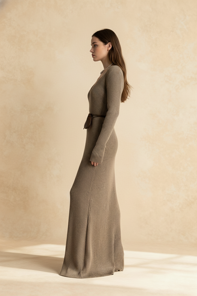VNeck Long Sleeve Knit Sweater Dress