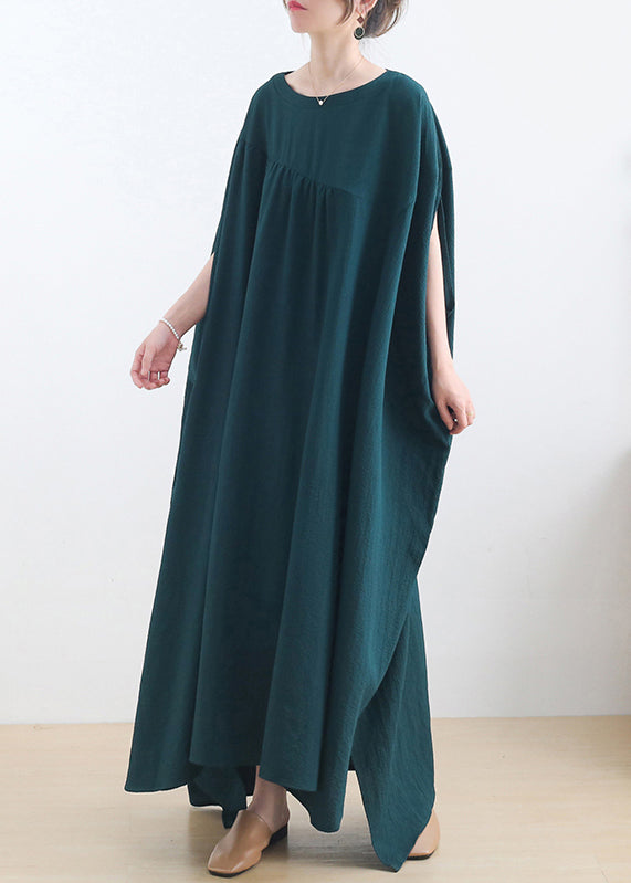 Crew Neck Batwing Sleeve Diagonal Seam Gathered Oversized Crinkled Maxi Dress