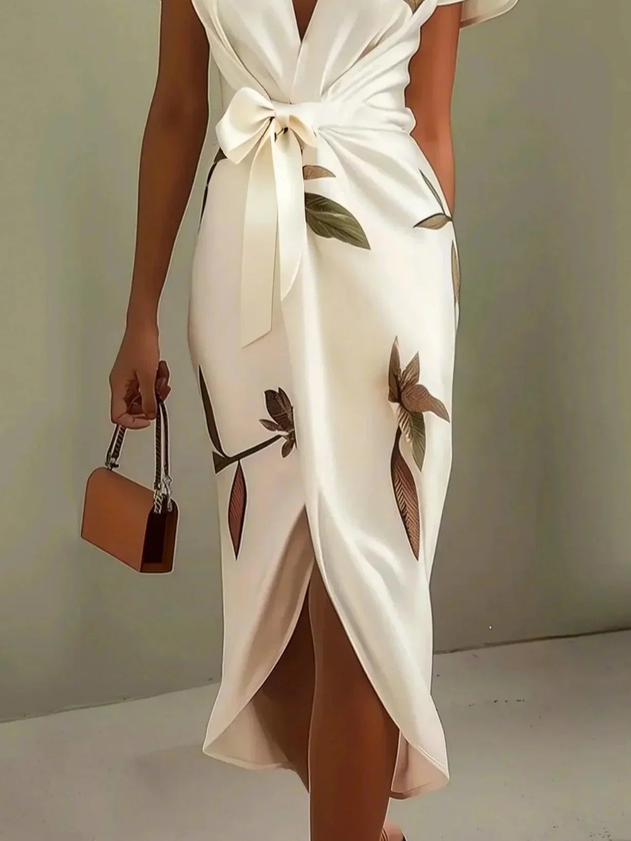 Satin Deep V-Neck Short Sleeve Wrap High Split Midi Dress 3