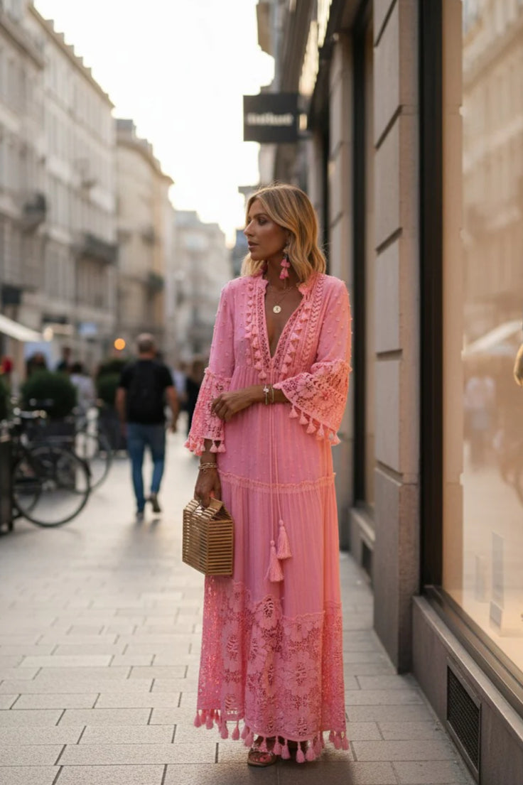 Deep V-Neck Tassel Trim Lace Insert Bell Sleeve Tiered Drawstring Dress