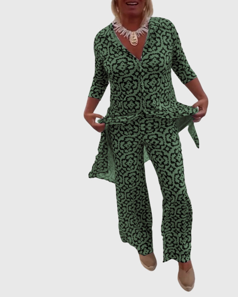 Medallion Print Collared Half Sleeve Tunic and Wide Leg Pants Two Piece Set