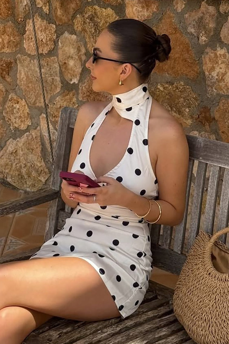 Polka Dot VNeck Halter HighWaist ALine Mini Dress
