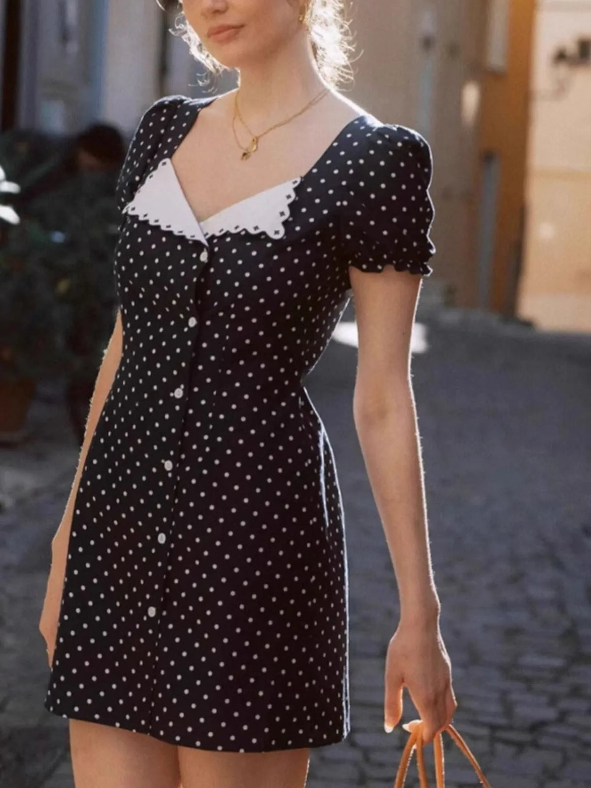 Polka Dot Lace Collar Puff Sleeve Button Front Mini Dress