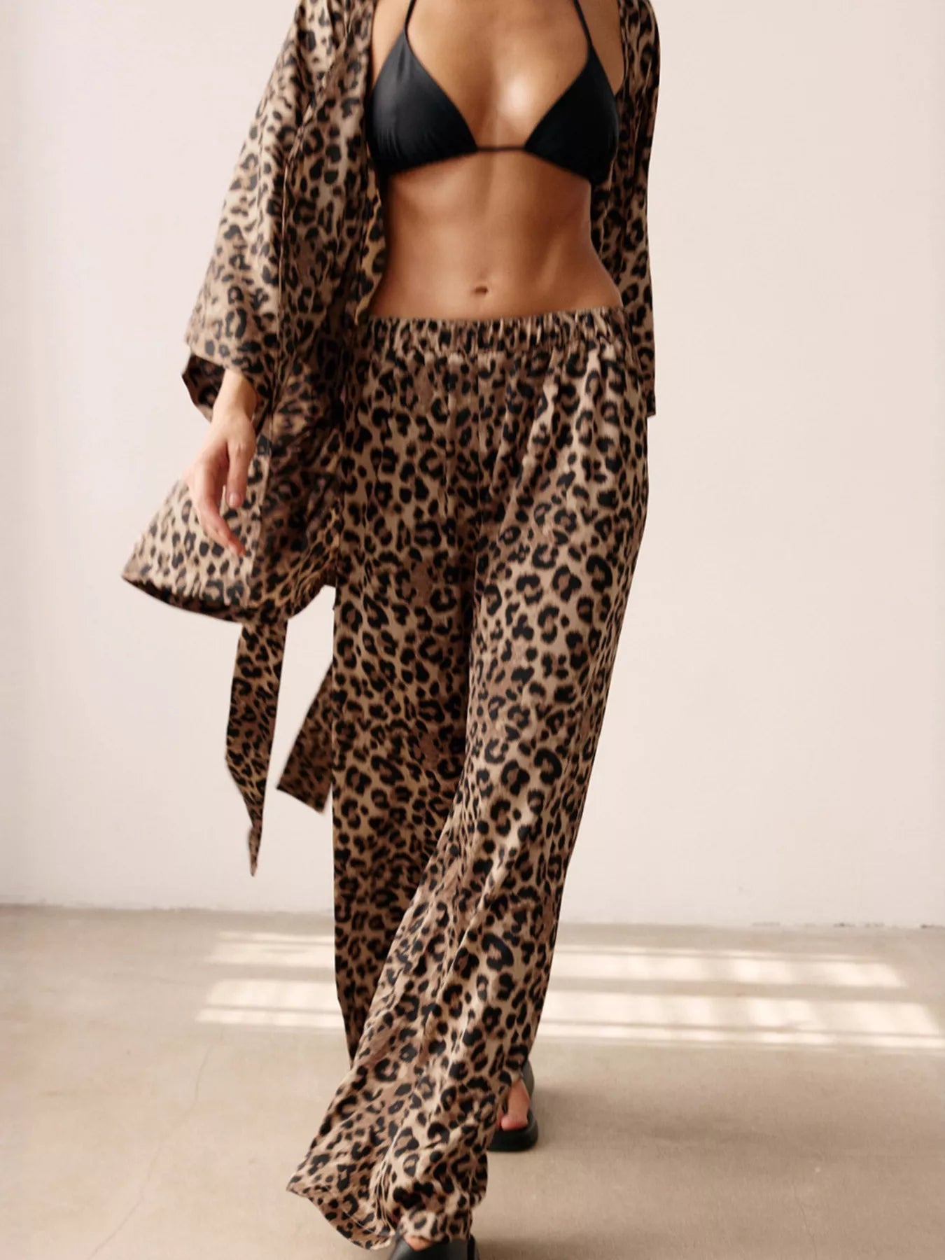 Leopard Cardigan and Wide Leg Pants Lounge Set