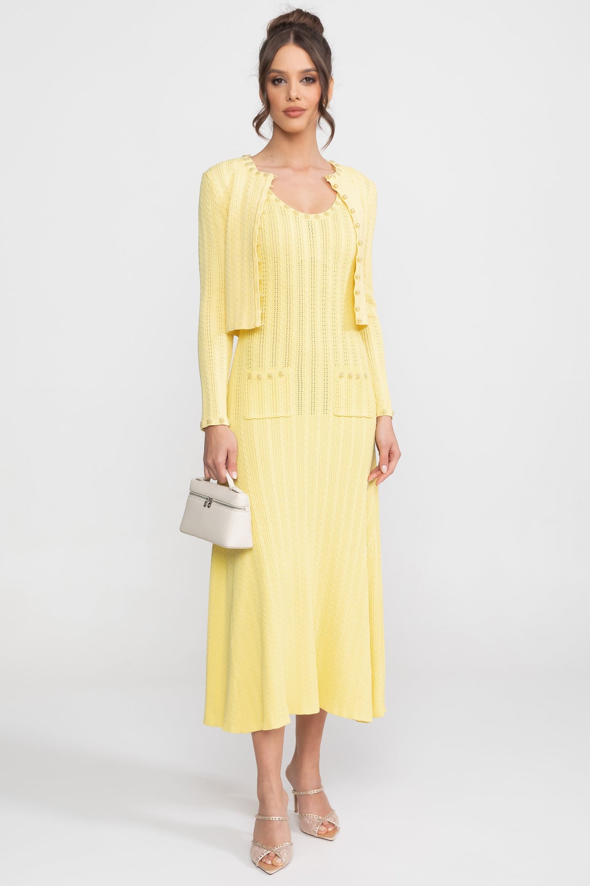 Ribbed Pointelle Pearl Button Cropped Cardigan Sleeveless Midi Dress Two-Piece Set - View 9