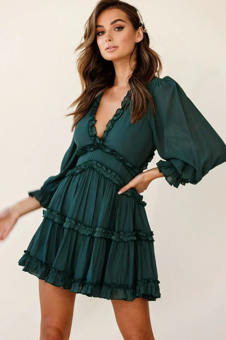 Ruffle Trim Plunge V-Neck Balloon Sleeve Tiered Mini Dress