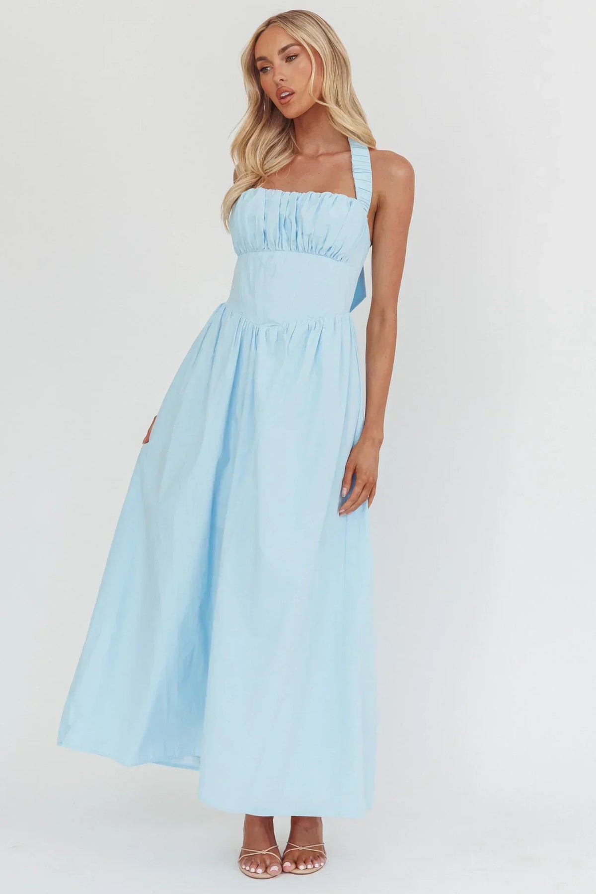Ruched Bust Halter Neck Corset Waist A-Line Maxi Dress 3