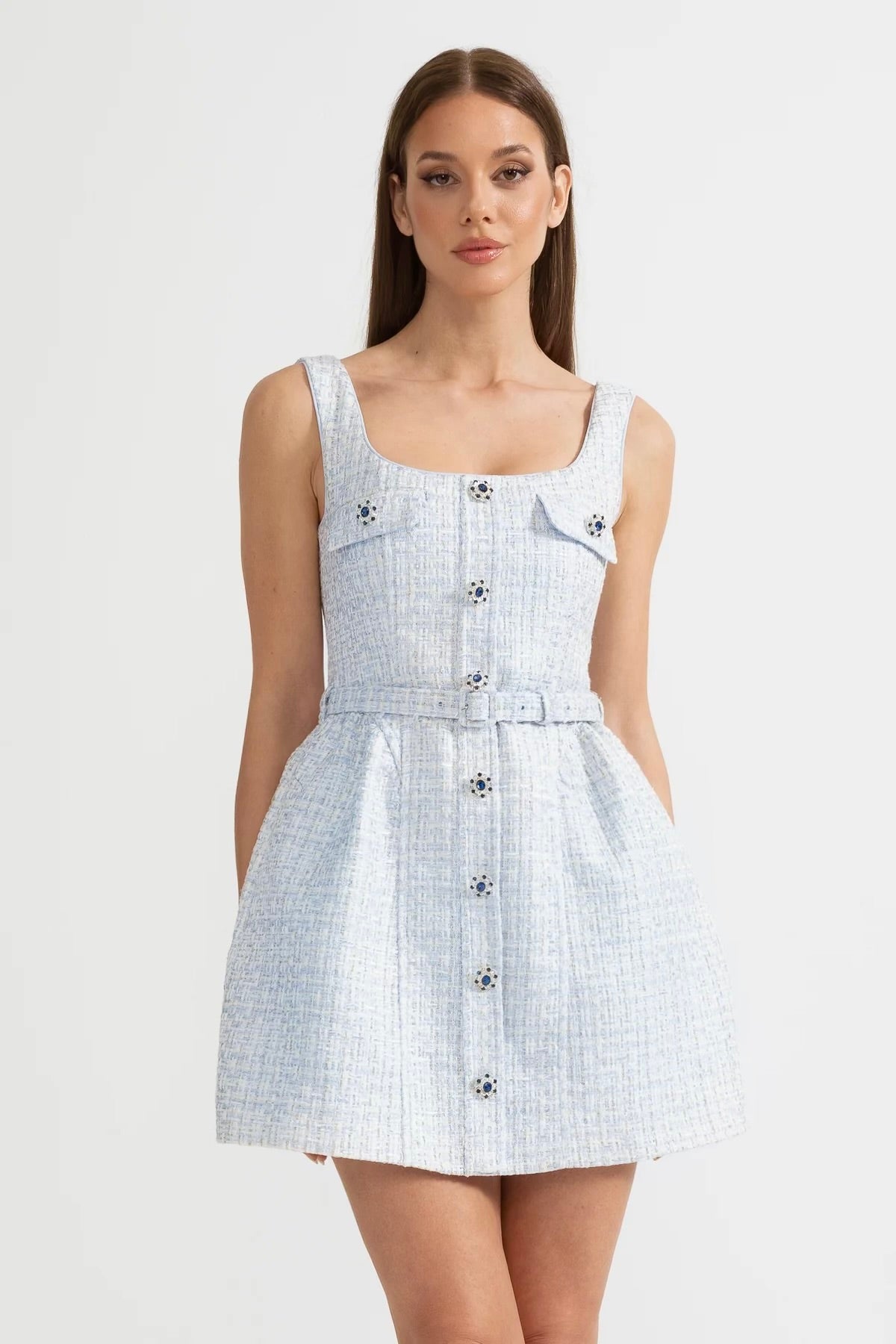 Tweed Square Neck Sleeveless Jewel Button Belted Mini Dress