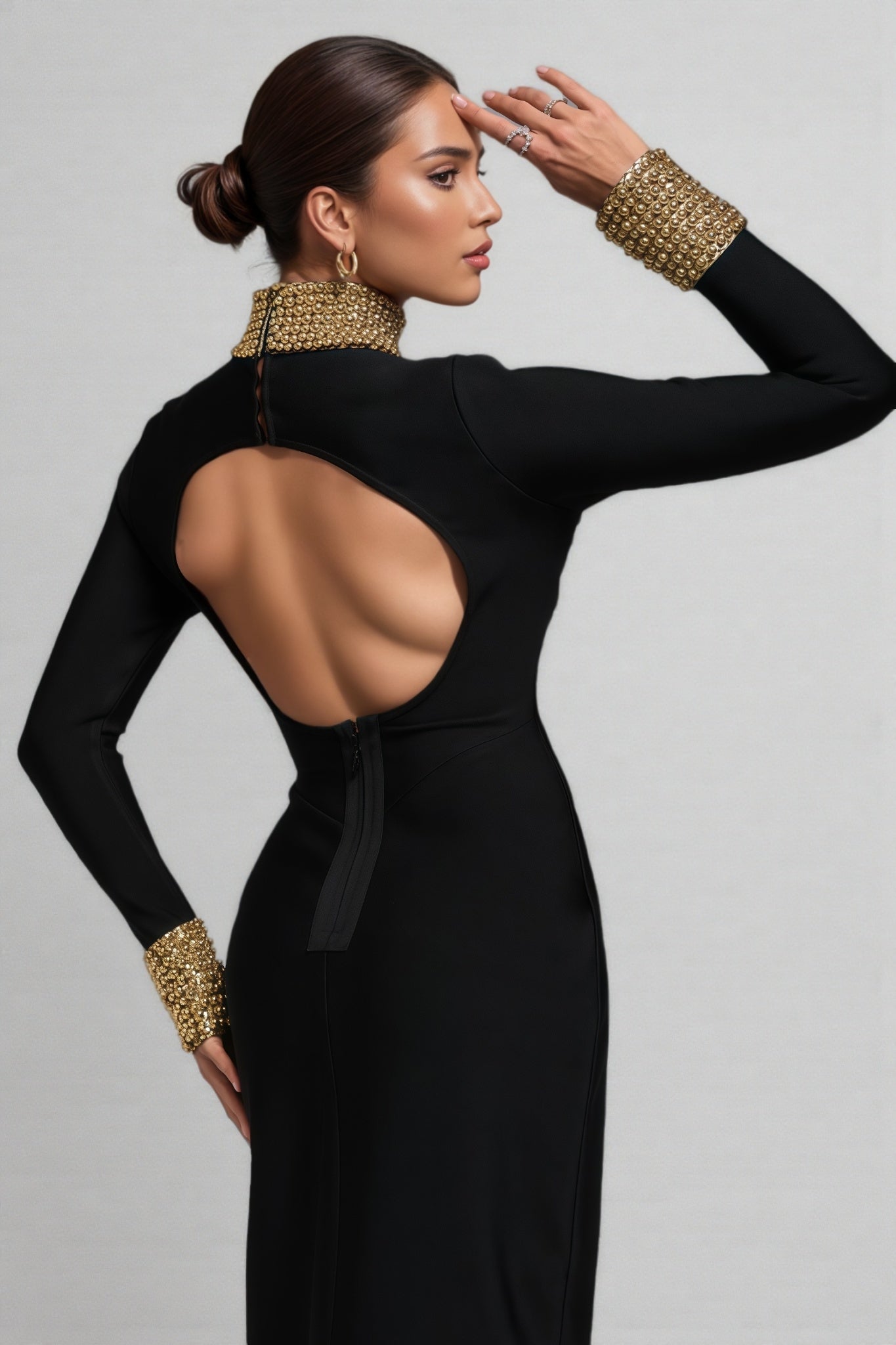 Beaded Mock Neck Long Sleeve Bodycon Bandage Maxi Gown