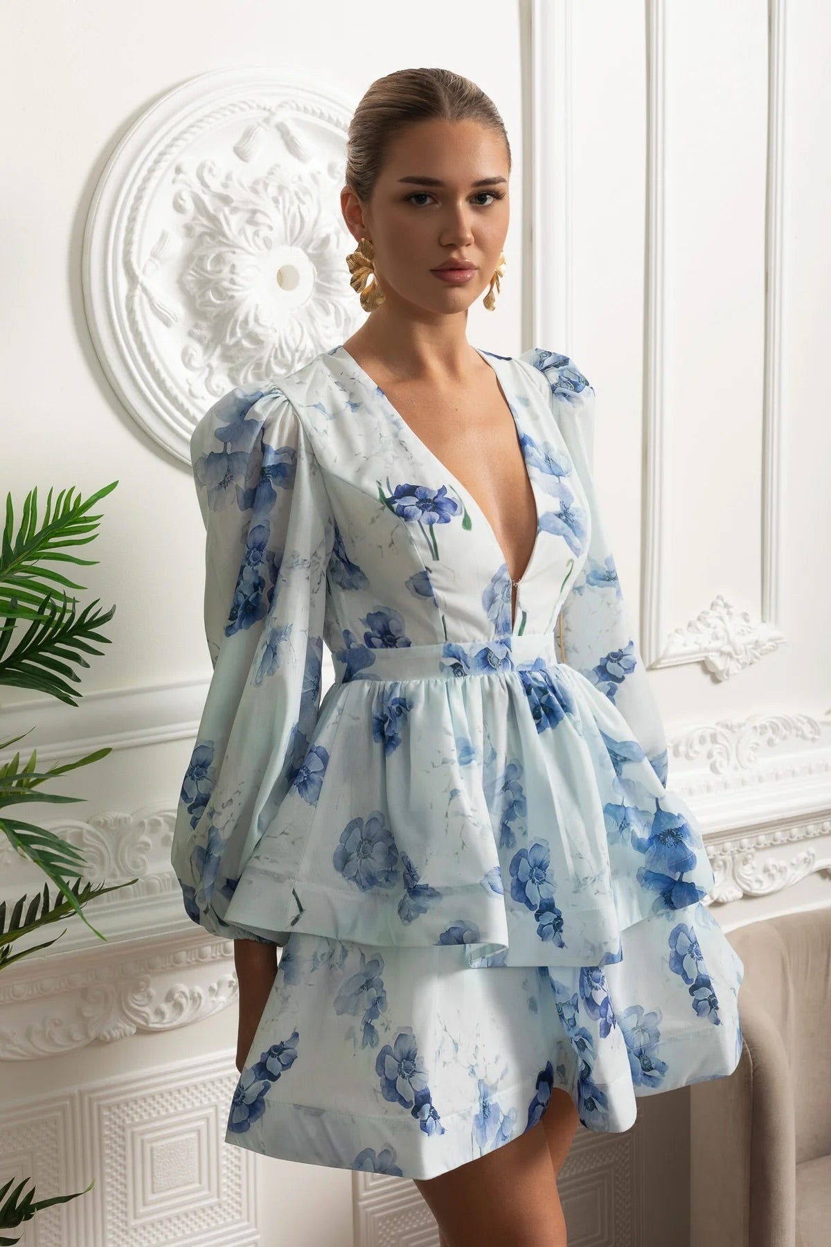 Floral Deep V-Neck Puff Long Sleeve Peplum Tiered Mini Dress