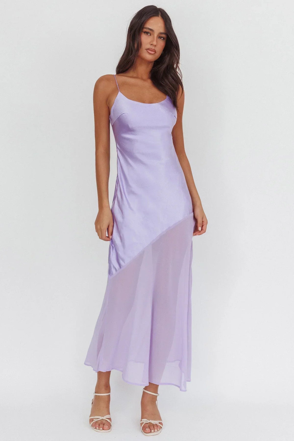 Satin Spaghetti Strap Asymmetric Sheer Chiffon Hem Maxi Dress