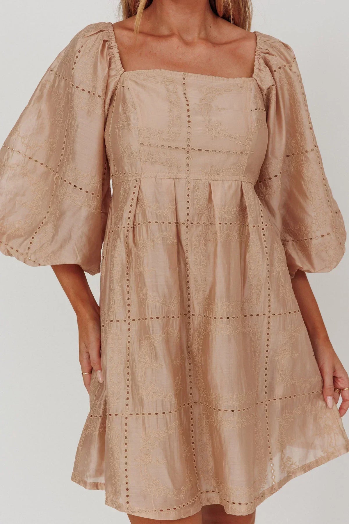 Eyelet Square Neck Balloon Sleeve Babydoll Mini Dress 4