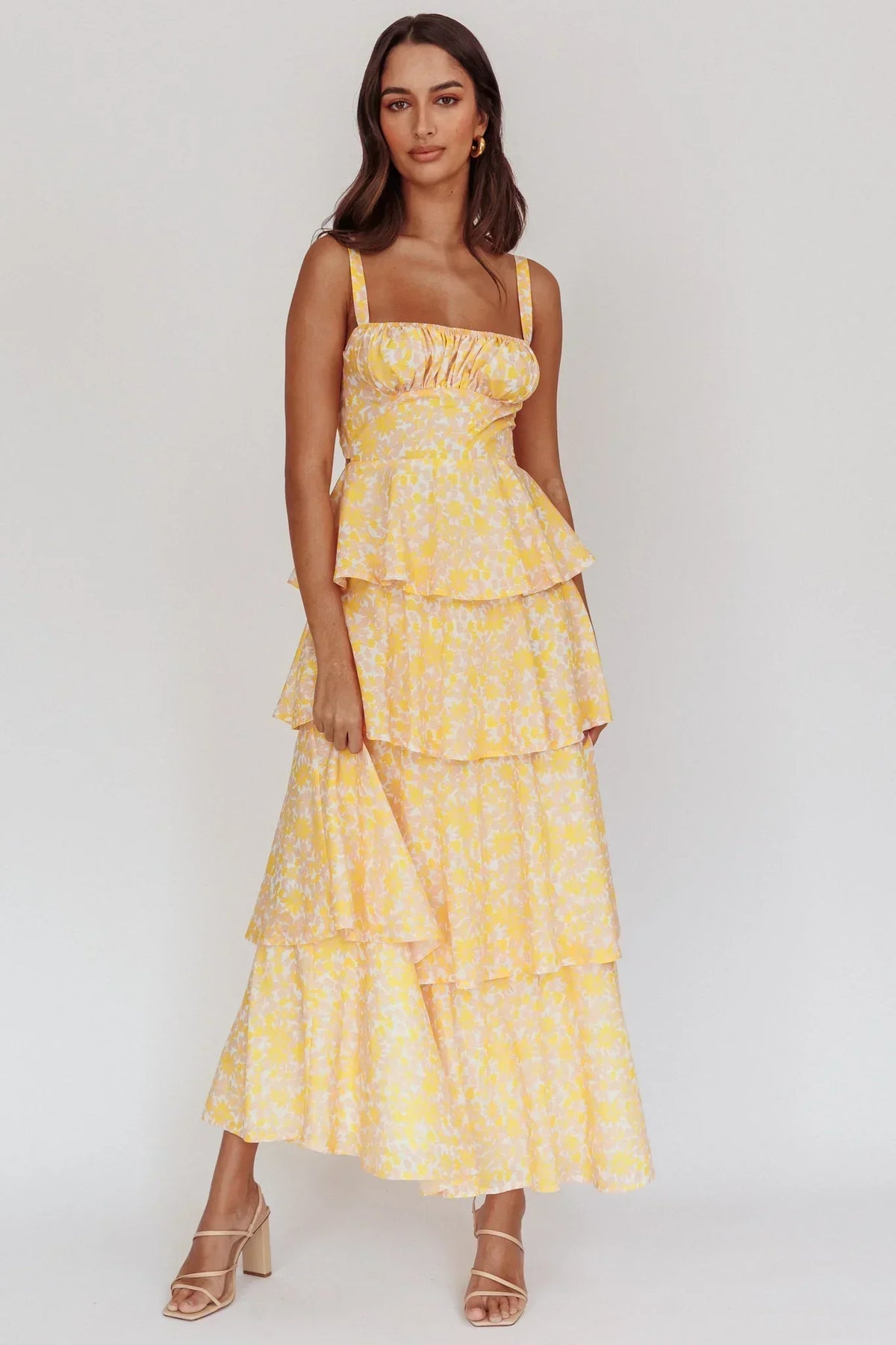 Floral Print Square Neck Ruched Bust Tiered Ruffle Maxi Dress 5