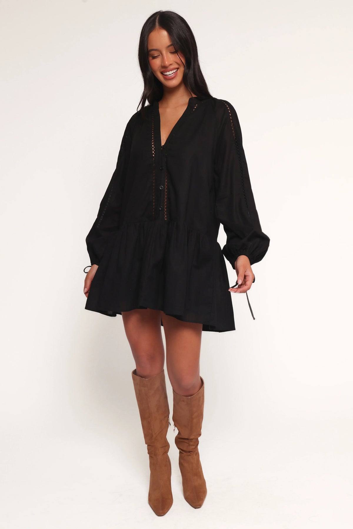 Button Front V-Neck Balloon Sleeve Tie Cuff Drop Waist Mini Dress 2