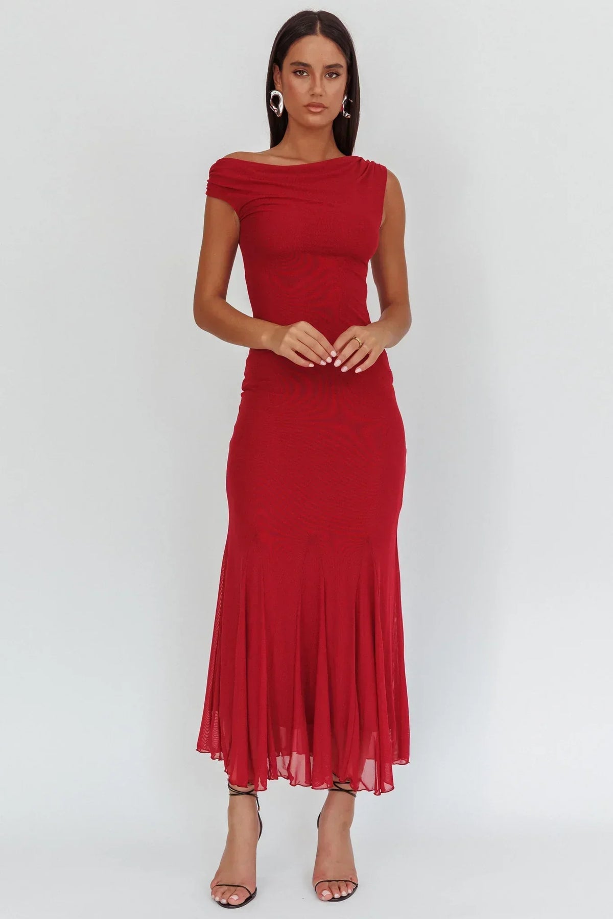 Mesh Asymmetric Off Shoulder Godet Hem Fitted Maxi Dress 5