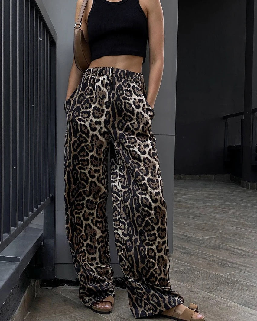 Leopard Print Elastic High Waist Wide Leg Pants