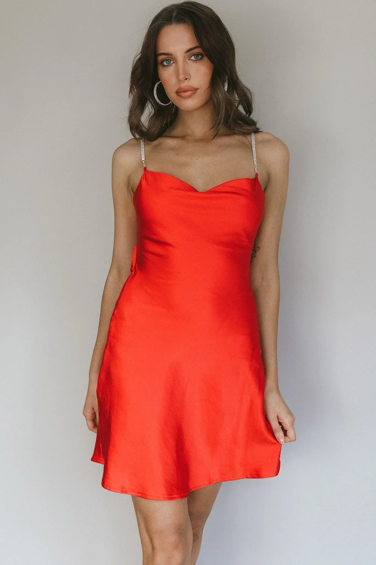 Satin Cowl Neck Lace Up Open Back Slip Mini Dress 4
