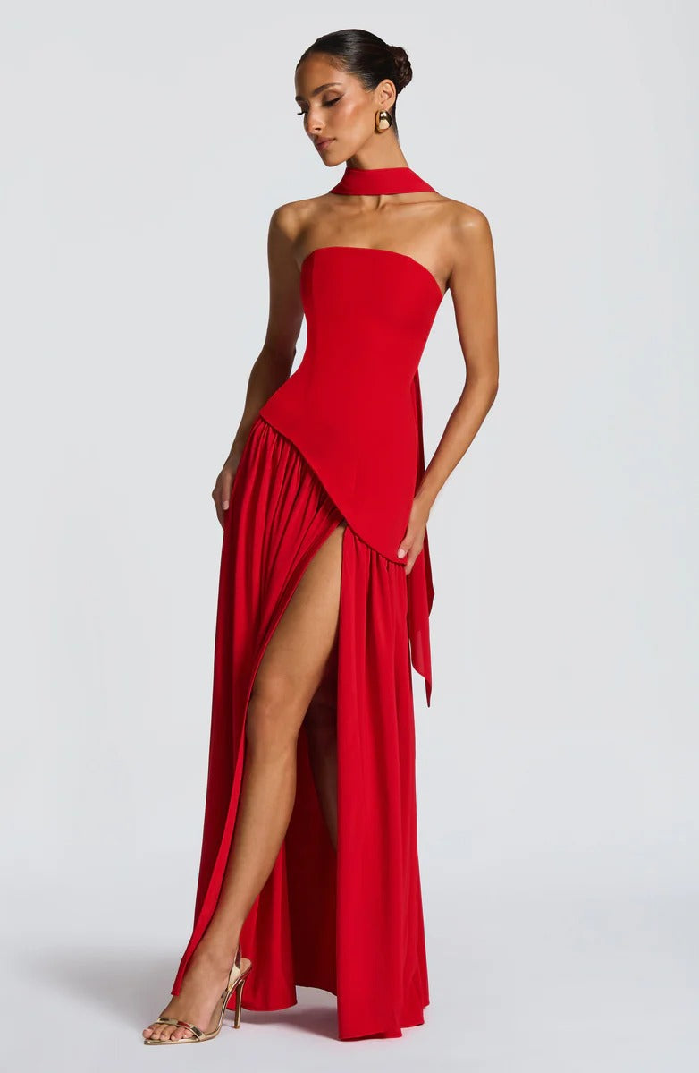 Strapless Asymmetric Drop Waist High Split Maxi Dress with Scarf 74