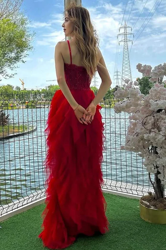 Charming Spaghetti Straps Red Ruffles Tulle Beaded Formal Prom Dress Long Evening Dress cc1989
