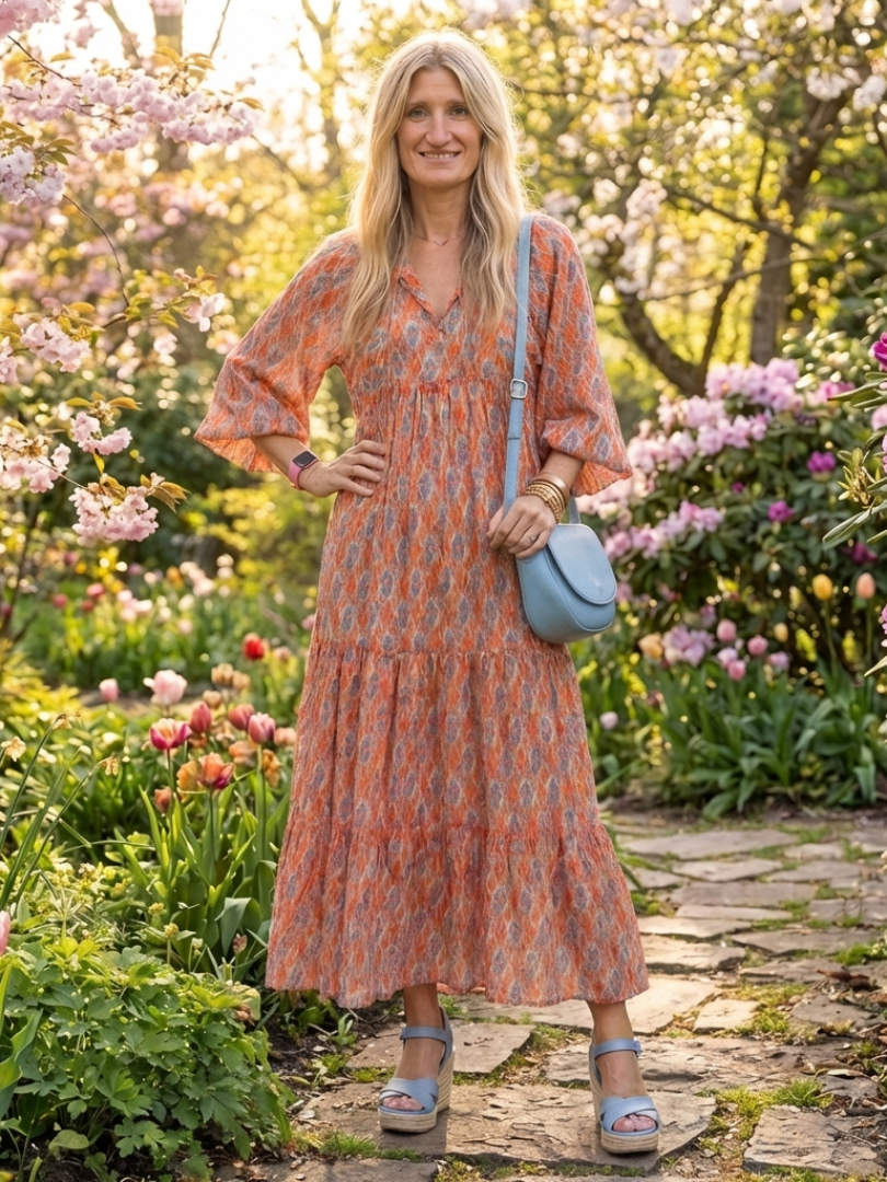 Ikat Print V-Neck Puff Sleeve Tiered Maxi Dress