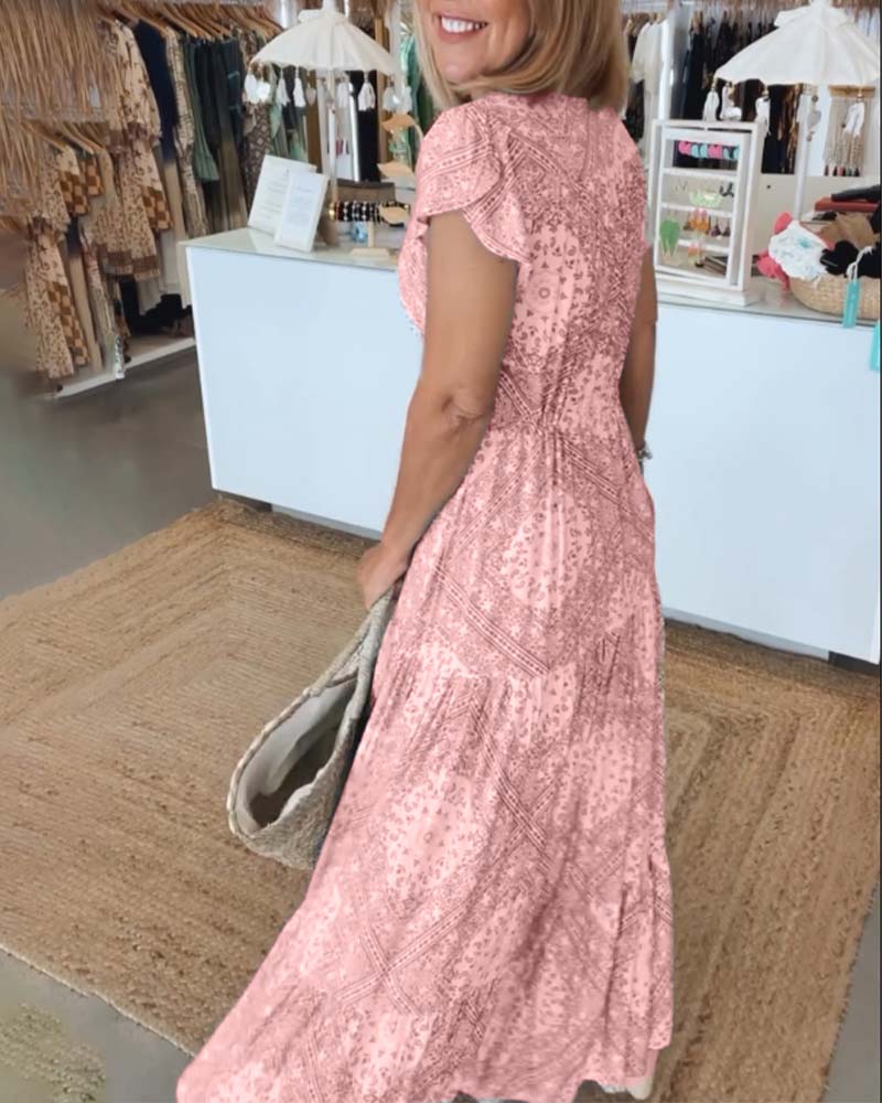 V-Neck Flutter Sleeve Buttoned Tiered Boho Maxi Dress
