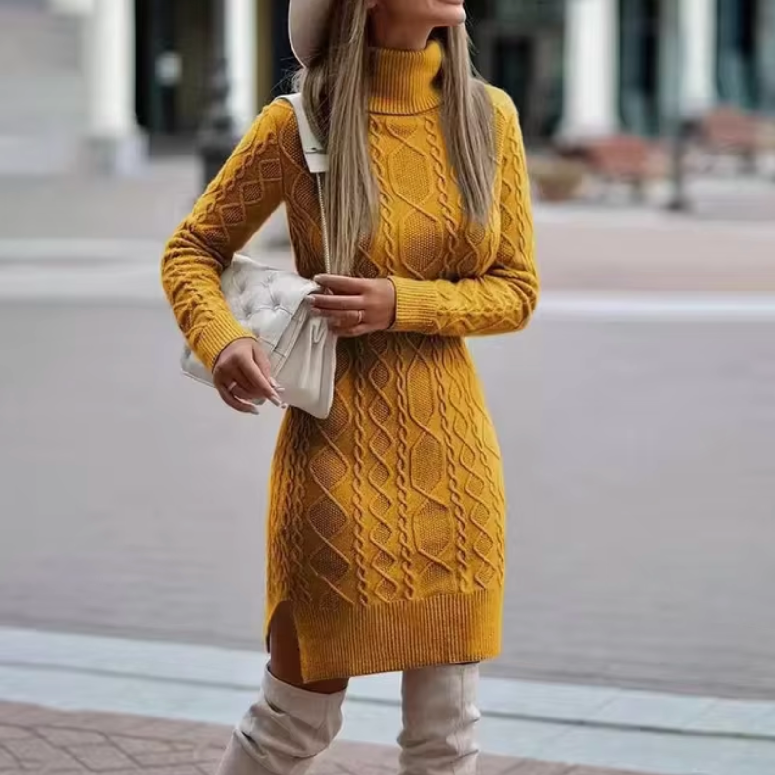 Cable Knit Turtleneck Long Sleeve Ribbed Hem Bodycon Mini Dress