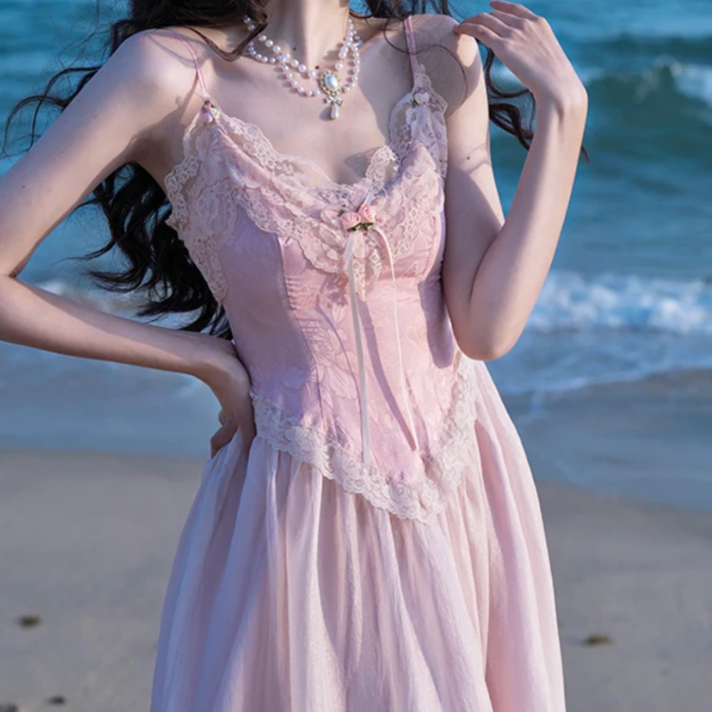Lace Bustier Spaghetti Strap Tulle Maxi Dress 4
