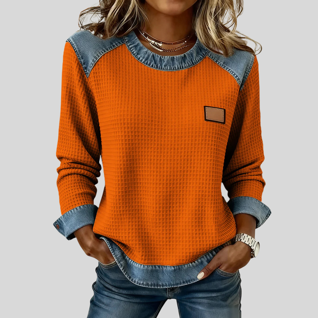 Denim Contrast Patchwork Crew Neck Waffle Knit Sweatshirt