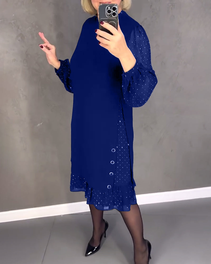 Round Neck Sheer Dot Sleeve Ruffle Hem Shift Midi Dress