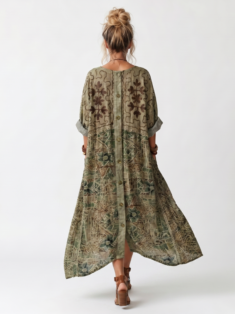 Aztec Print V-Neck Button Front Pocket Maxi Dress