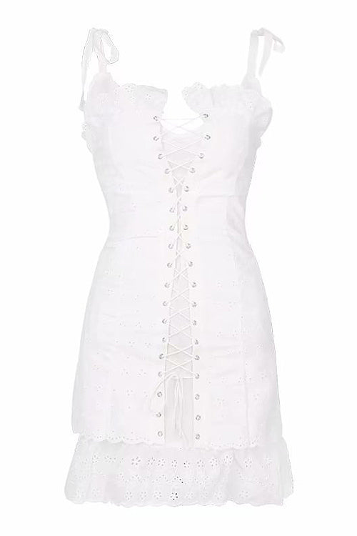 Tie Shoulder Eyelet Lace Up Corset Ruffle Hem Bodycon Mini Dress