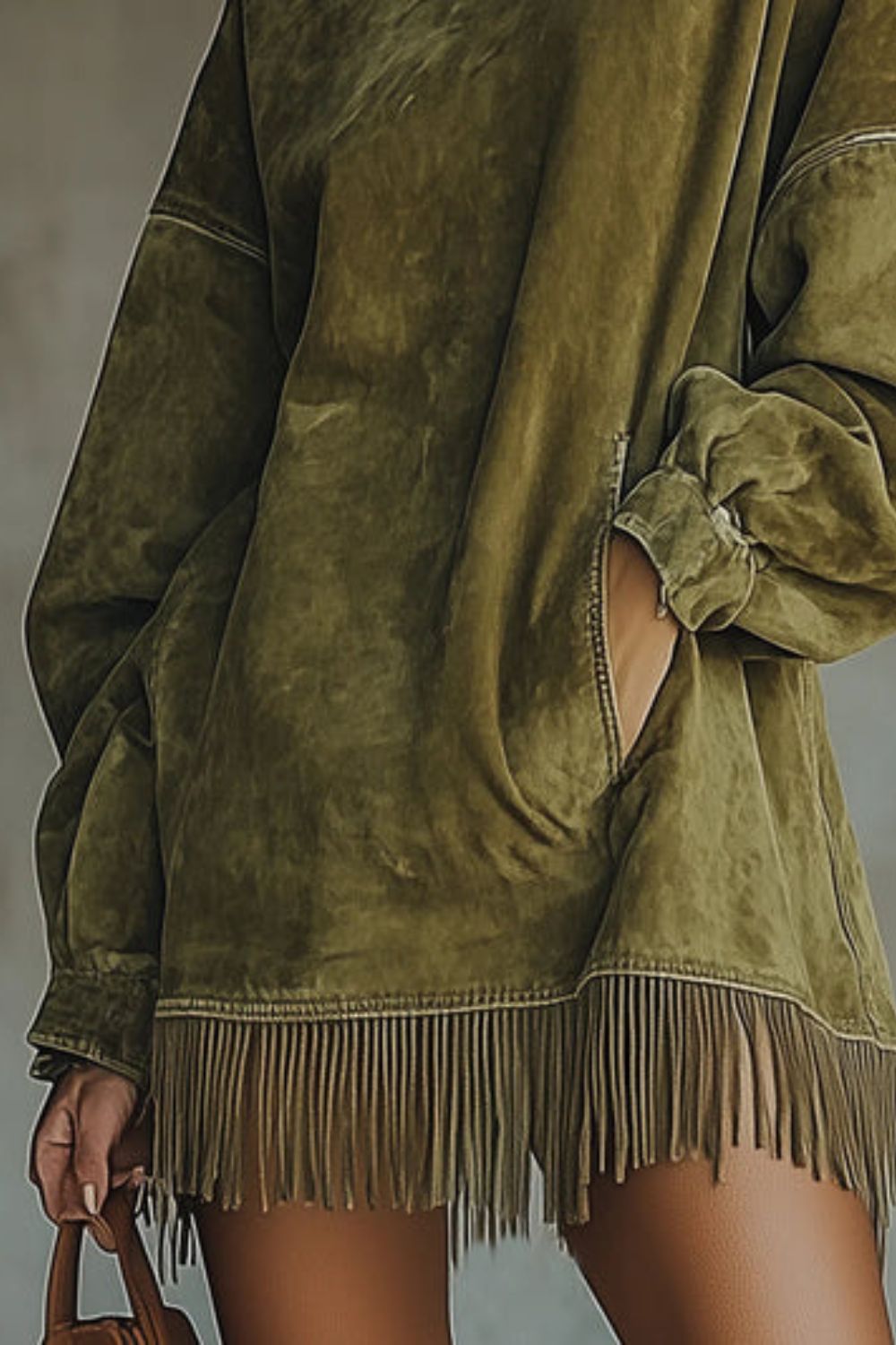 Suede High Neck Long Sleeve Fringe Pocket Mini Dress 3