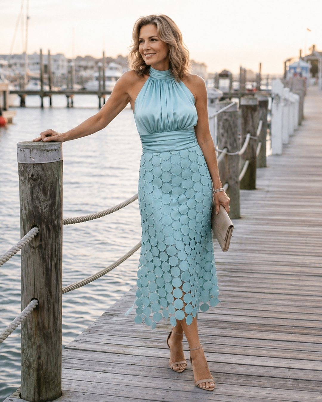 Halter Neck Sleeveless Laser Cut Disc Midi Dress