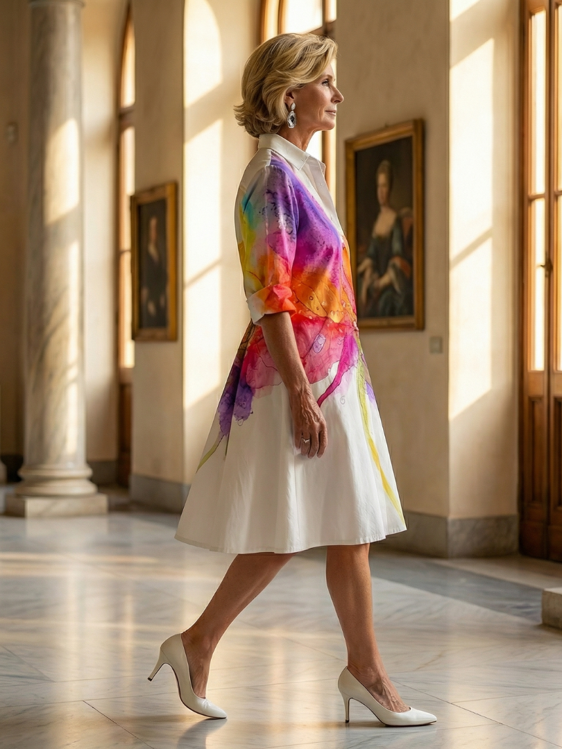 Watercolor Floral Collared Long Sleeve Shirt Dress