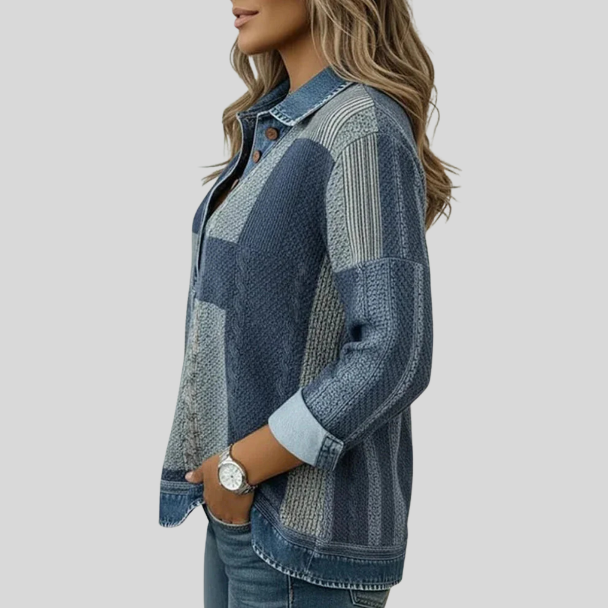 Patchwork Plaid Collared Quarter Button Long Sleeve Knit Pullover