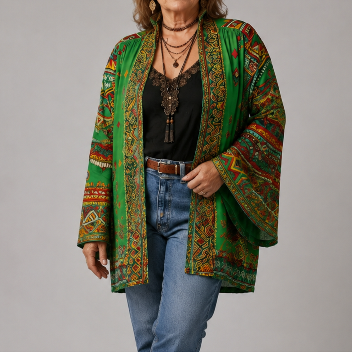 Paisley Print Velvet Open Front Kimono Jacket