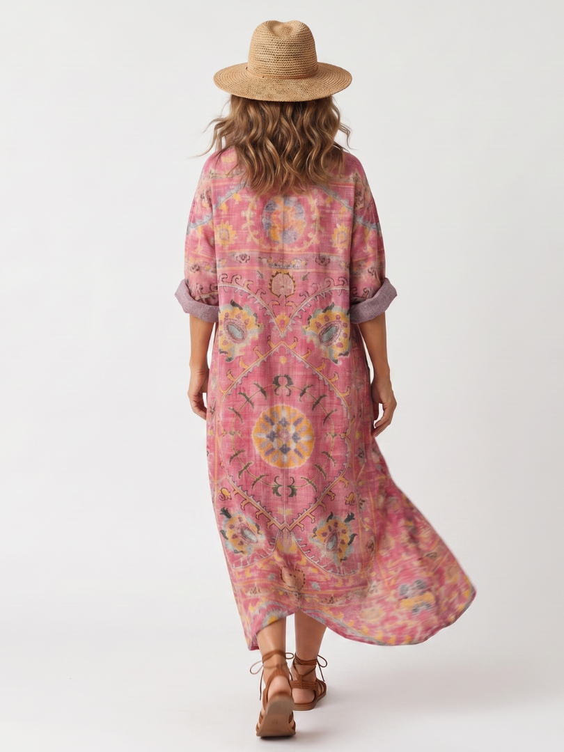 Paisley Medallion Print V-Neck Roll Sleeve Kaftan Maxi Dress