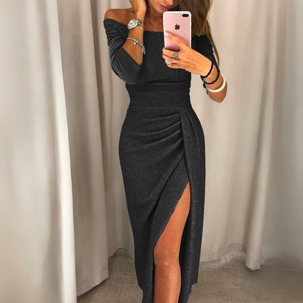 Off Shoulder Long Sleeve Ruched High Split Wrap Midi Dress