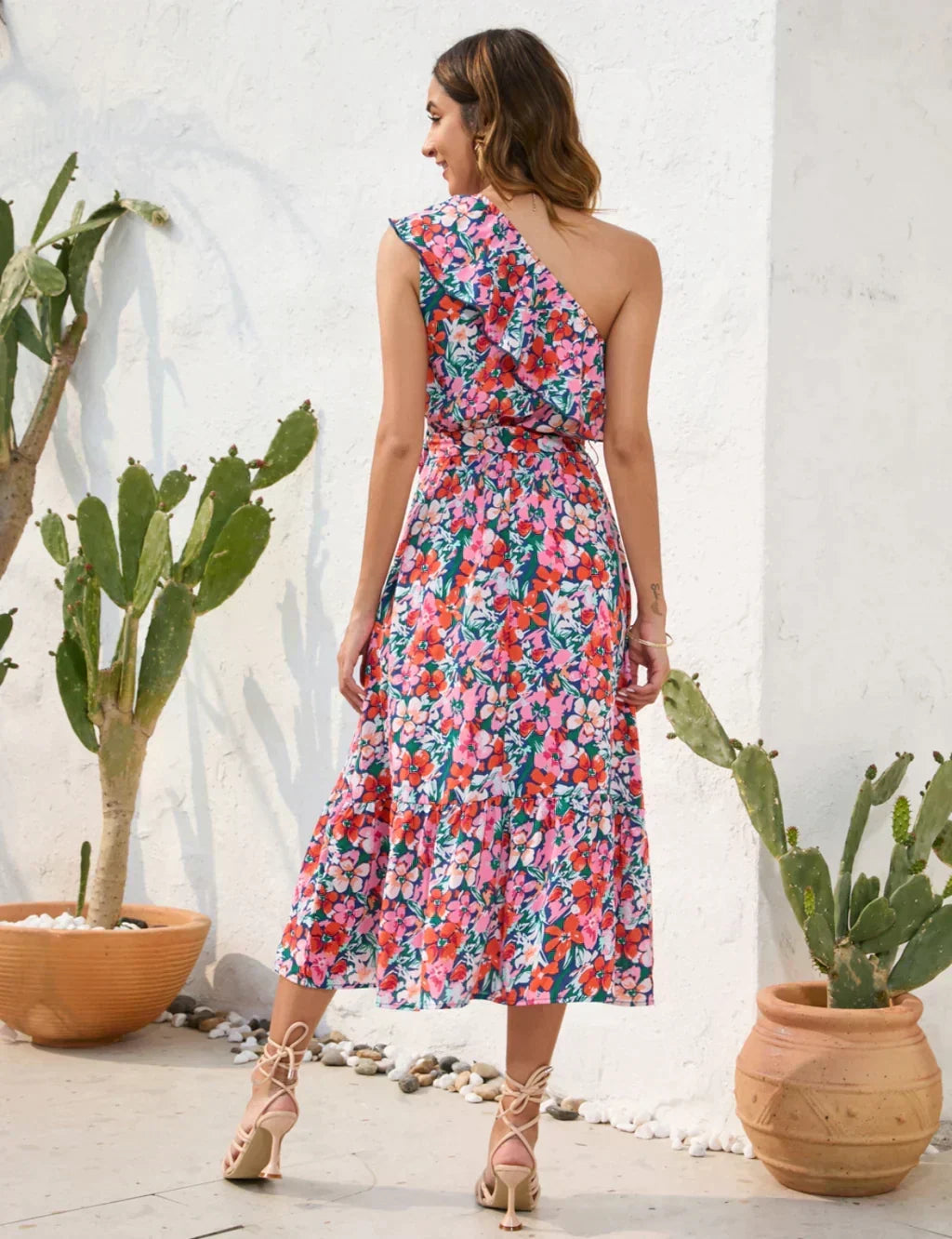Floral Print One Shoulder Ruffle Belted Tiered Midi Dress 3