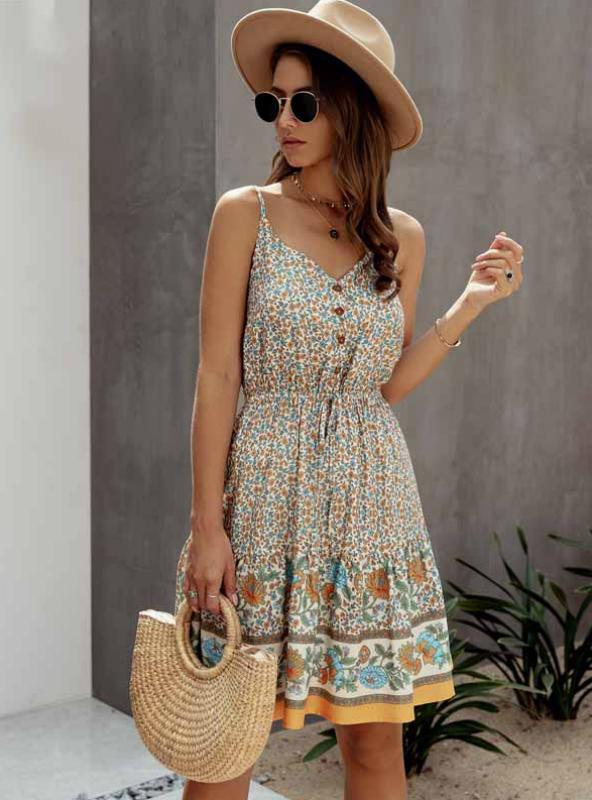 Boho Floral Border Print V-Neck Button Front Cami Mini Sundress 4