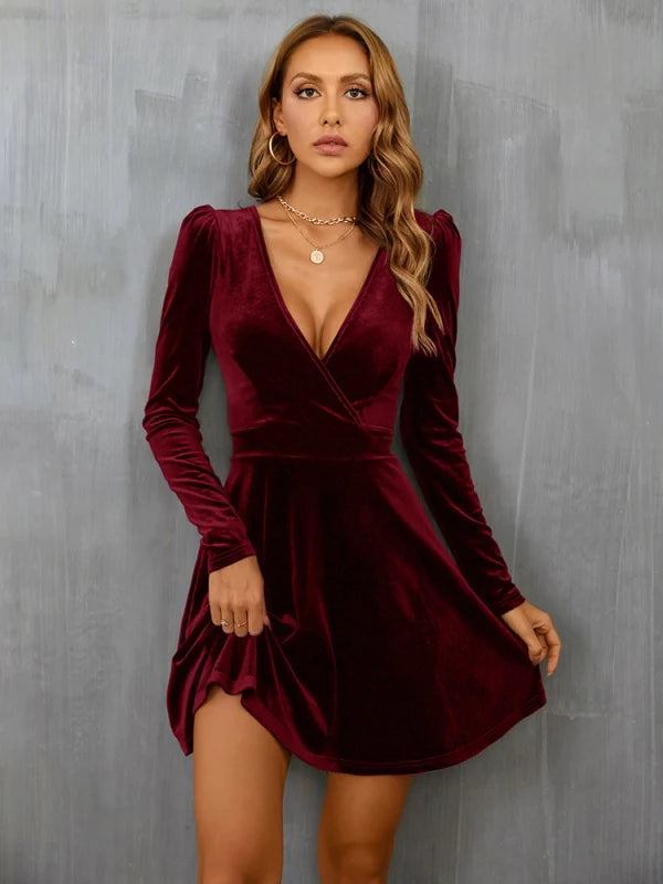 Velvet Deep V-Neck Wrap Front Puff Shoulder Long Sleeve Fit and Flare Mini Dress 2