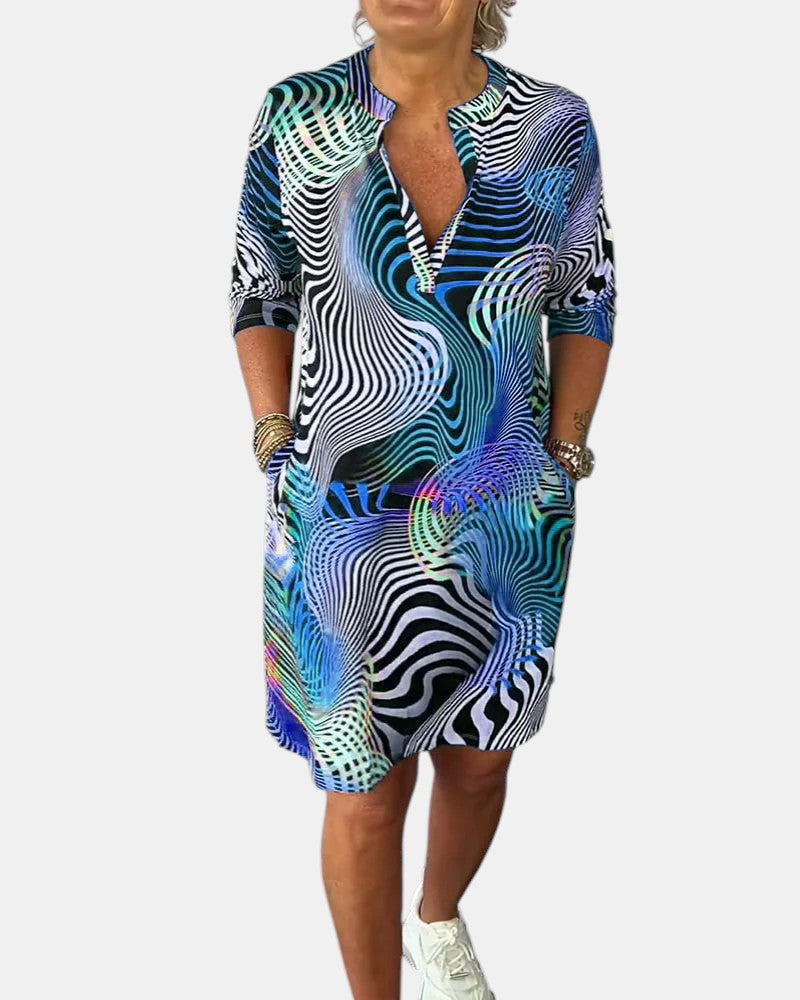 Abstract Print V-Neck Roll Sleeve Shirt Dress