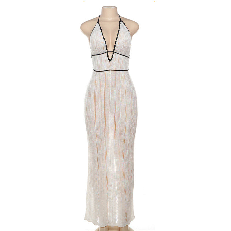 Knit Halter Neck Deep V-Neck Contrast Trim Waist Cut Out Backless Maxi Dress