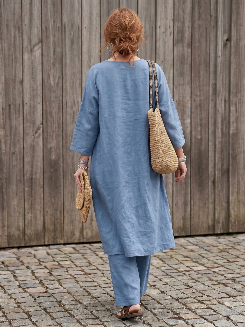 V-Neck Tunic Top and Wide Leg Pants Two Piece Set