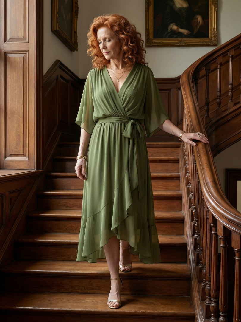 Chiffon V-Neck Kimono Sleeve Belted Ruffle Midi Dress