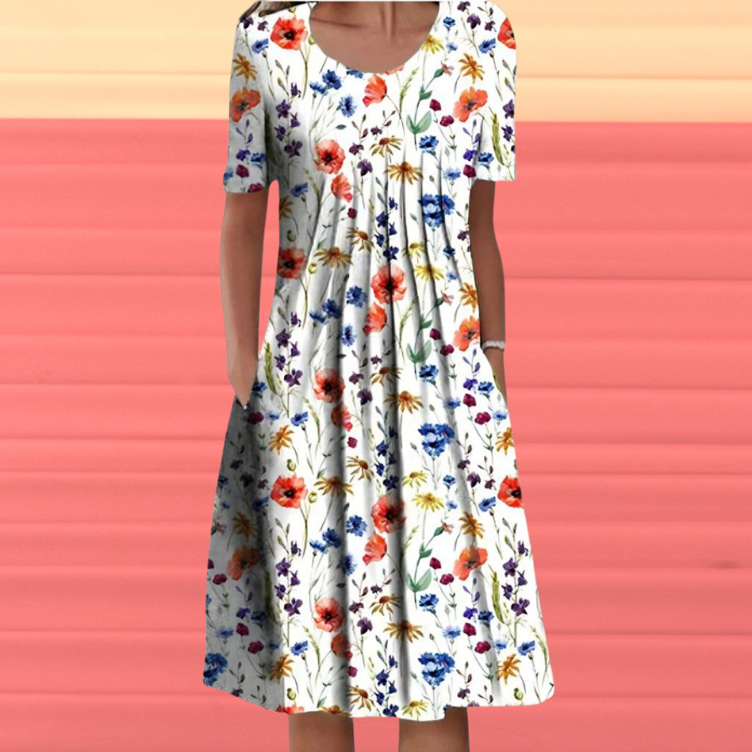 Floral Scoop Neck Short Sleeve Pleated Pocket Midi Dress