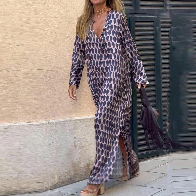 Geometric Print V-Neck Long Sleeve Maxi Dress